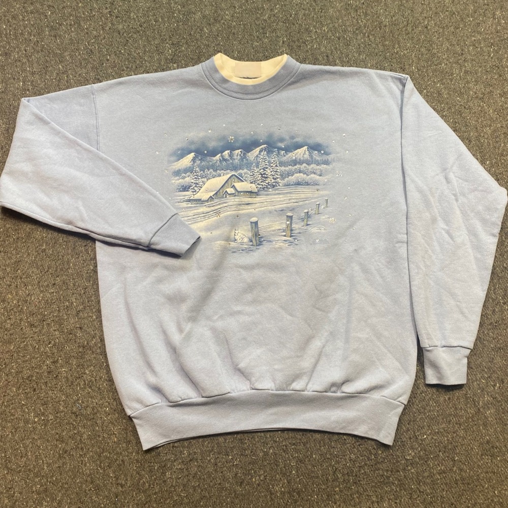 Morning Sun Sweatshirt Sz L Womens Blue Vintage Winter Cabin Rhinestone 90s Boho